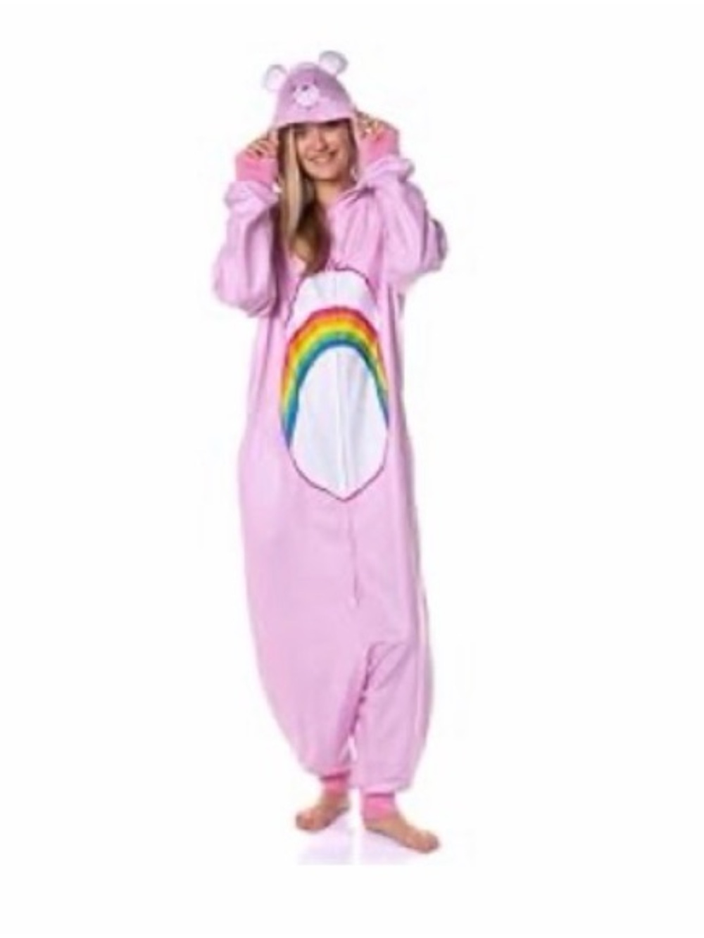 Adult Care Bear Cheer Bear Comfort Bundle: Onesie, slippers and sleep hoodie